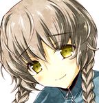  amane_suzuha blush braid brown_hair closed_mouth face jacket lowres sasahiro smile solo steins;gate twin_braids yellow_eyes 