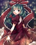  bad_id bad_pixiv_id blouse colored_eyelashes eyelashes frilled_skirt frills front_ponytail green_eyes green_hair hair_ornament hair_ribbon highres kagiyama_hina long_hair looking_at_viewer open_mouth puffy_sleeves ribbon short_sleeves skirt skirt_set smile solo sumi_mi touhou 