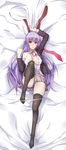  absurdres animal_ears bad_id bad_pixiv_id bed_sheet black_legwear breasts bunny_ears highres long_hair lying medium_breasts necktie on_back panties panty_pull purple_hair red_eyes red_neckwear reisen_udongein_inaba skirt solo thighhighs touhou underwear zeroshiki_kouichi 