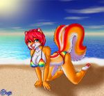  ajna all_fours anthro beach bikini blue_eyes breasts chipmunk clothed clothing collaboration female hair hybrid lipstick looking_at_viewer mammal ocesome pose rainbow red_hair rodent seaside skimpy skunk solo swimsuit 