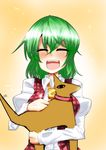  :d ^_^ anubis-kun ascot blush breasts closed_eyes collar dog dress_shirt green_hair happy highres kazami_yuuka medium_breasts open_mouth plaid plaid_vest puffy_sleeves quality shirt short_hair smile solo tail tail_wagging takorice touhou vest 