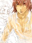  age_difference blush father_and_son kratos_aurion lloyd_irving open_clothes open_mouth open_shirt red_eyes red_hair shirt short_hair surprise surprised tales_of_(series) tales_of_symphonia water wet 
