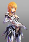  android armor barcode blue_eyes center_opening cyberpunk cyborg gloves gradient gradient_background grey_background gun headset highres orange_hair original pinakes rifle science_fiction short_hair simple_background solo trigger_discipline weapon 