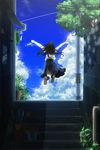 amemura_(caramelo) arms_up black_hair cat cloud condensation_trail day from_behind jumping long_hair original plant potted_plant skirt sky solo stairs tree wind_chime 