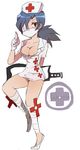  +_+ 1girl bandage bandages blue_hair breasts character_name cleavage cross fighting_stance gloves hat mask minidress ninja nurse nurse_cap ponytail red_eyes saw short_dress skullgirls solo symbol-shaped_pupils t66sobakasu valentine_(skullgirls) weapon 