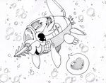  &hearts; aquatic black_and_white bubble bubbles claws cute digimon fins horn male monochrome open_mouth propeller siliconechinchilla solo submarimon submarine underwater water 