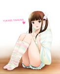  brown_eyes brown_hair hair_ornament highres holding holding_hair kaiga legs_together long_legs open_mouth real_life seiyuu sitting socks solo striped striped_legwear tamura_yukari twintails 