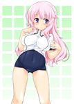  bad_id bad_pixiv_id baka_to_test_to_shoukanjuu blush breasts dress_shirt gradient gradient_background hair_ornament hairclip hands highres himeji_mizuki impossible_clothes impossible_shirt itou_ayachi large_breasts long_hair navel no_pants one-piece_swimsuit pink_hair purple_eyes school_swimsuit shirt simple_background smile solo swimsuit swimsuit_under_clothes thighs 