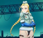  alternate_costume belt blonde_hair blue_eyes braid cammy_white elbow_gloves gloves hat jacket long_hair no_pants panties scar shikuta_maru solo street_fighter street_fighter_iv_(series) twin_braids underwear 