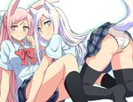  all_fours animal_ears ass black_legwear blue_eyes bow bunny_ears cat_ears cat_tail from_behind hair_ornament hairclip hand_on_own_face hyakuen_raitaa kneehighs long_hair looking_at_viewer looking_back multiple_girls original panties pink_eyes pink_hair school_uniform silver_hair sitting skirt smile tail thighhighs underwear very_long_hair white_panties 