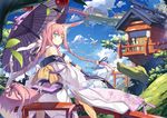  animal_ears bare_shoulders blonde_hair braid bridge closed_eyes cloud day fox_ears fox_tail green_eyes hair_ribbon kuroino_(poco) leaf long_hair looking_back mitsudomoe_(shape) momoyama_tsutsune multiple_girls oriental_umbrella original poco_(asahi_age) red_hair ribbon shiratama_kitsune sky stairs standing tail tomoe_(symbol) torii tree umbrella very_long_hair 