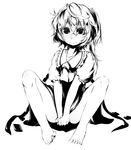  ascot bacho bare_legs barefoot blush embarrassed face feet flandre_scarlet full_body greyscale monochrome no_hat no_headwear short_hair side_ponytail simple_background sitting skirt skirt_tug solo spread_legs toe-point toes touhou v_arms wings 