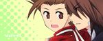  2boys age_difference bookmark brown_eyes brown_hair dots father_and_son fingerless_gloves gloves hug kratos_aurion lloyd_irving multiple_boys open_mouth red_eyes red_hair short_hair surprise surprised tales_of_(series) tales_of_symphonia text 