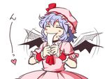  ^_^ bat_wings blue_hair closed_eyes eating face flapping food foodgasm hat mochi neko_majin remilia_scarlet short_hair solo touhou wagashi wings wrist_cuffs 