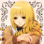  1girl blonde_hair brown_eyes female fruits_basket hug school_uniform short_hair smile sohma_kisa solo souma_kisa tiger 