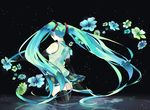  aqua_hair detached_sleeves flower from_behind fukuta_(hukuda-noil) hatsune_miku highres long_hair skirt solo thighhighs twintails very_long_hair vocaloid wading 