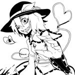  blood bow closed_eyes crazy_smile fingernails greyscale hair_over_one_eye hat hat_bow heart komeiji_koishi long_sleeves monochrome rou_honoo sharp_fingernails sharp_teeth short_hair smile solo teeth third_eye touhou wide_sleeves 