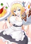  alternate_costume apron arms_up bad_id bad_pixiv_id banned_artist black_dress blonde_hair blue_eyes blush boku_wa_tomodachi_ga_sukunai breasts butterfly_hair_ornament cleavage covered_nipples dress enmaided falling food garter_straps hair_ornament ice_cream kashiwazaki_sena large_breasts long_hair maid maid_headdress mirai_(macharge) open_mouth solo spoon sundae tears tray wrist_cuffs 