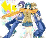  2boys blue_eyes blue_hair brown_hair inazuma_eleven_(series) inazuma_eleven_go matsukaze_tenma multiple_boys scarf school_uniform shared_scarf short_hair sorano_aoi tsurugi_kyousuke wonoco0916 yellow_eyes 