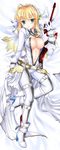  aestus_estus ahoge blonde_hair bodysuit breasts center_opening cleavage dakimakura fate/extra fate/extra_ccc fate_(series) green_eyes high_heels large_breasts lock looking_at_viewer miyuki_rei nero_claudius_(bride)_(fate) nero_claudius_(fate)_(all) open_clothes padlock shoes solo sword unzipped veil weapon 