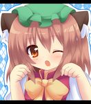  animal_ears bad_id bad_pixiv_id brown_eyes brown_hair cat_ears chen fang hat one_eye_closed open_mouth paw_pose shinekalta short_hair solo touhou 