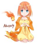  :o bad_id bad_pixiv_id blue_eyes charmander dress fiery_tail fire gen_1_pokemon hands_together long_sleeves looking_at_viewer orange_(color) orange_hair own_hands_together personification pokemon sasanoha1203 short_hair simple_background sitting solo sweater tail white_background 