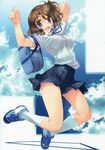  1girl :d absurdres amazuyu_tatsuki arms_up bag blue_eyes breasts brown_hair copyright_request footwear highres jumping open_clothes open_mouth open_shirt ribbon school_bag school_uniform shirt shoes short_hair skirt smile sneakers socks solo 