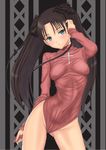  abs between_legs black_hair blue_eyes blush bottomless clothes_tug cowboy_shot cross fate/stay_night fate_(series) groin hair_ribbon hand_in_hair long_hair looking_at_viewer muffin_(sirumeria) naked_sweater ribbon slender solo standing sweater sweater_tug toosaka_rin two_side_up 