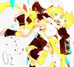  1girl al_(arupaka) aqua_eyes blonde_hair brother_and_sister chocolate hair_ornament hair_ribbon hairclip kagamine_len kagamine_rin mouth_hold ribbon short_hair siblings symbol-shaped_pupils twins vocaloid 