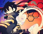  bad_id bad_pixiv_id black_hair enomoto_takane gas_mask headphone_actor_(vocaloid) headphones hexagon honeycomb_(pattern) honeycomb_background kagerou_project long_hair red_eyes solo souno_kazuki tears twintails vocaloid white_hair 
