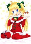  ahoge bell blonde_hair blue_eyes blush bow cake capelet christmas copyright_request dress eating fang food food_on_face fork fruit full_body hair_ribbon meito_(maze) no_shoes red_capelet red_legwear ribbon santa_costume sitting slice_of_cake solo star strawberry strawberry_shortcake thighhighs twintails wariza 