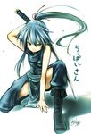  absurdres bare_shoulders blue_hair boots borrowed_character cross-laced_footwear highres katana one_knee original ponytail red_eyes sakazuki_hiiro side_slit sidelocks signature simple_background slit_pupils solo sword translated weapon white_background yoshida_hideyuki 