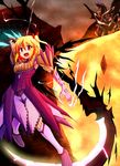  alatreon alatreon_(armor) alternate_costume armor blonde_hair breasts byoubyou cleavage dragon fang gloves hair_ribbon highres medium_breasts molten_rock monster_hunter monster_hunter_3 open_mouth red_eyes ribbon rock rumia scythe side_ponytail solo touhou 