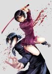  1girl bad_id bad_pixiv_id black_hair blood blood+ blood_splatter blood_spray blue_eyes dress formal haji jumping katana looking_back manaobi_(nocenocenoce) otonashi_saya ponytail reaching red_eyes short_hair suit sword weapon 