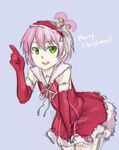  dress elbow_gloves gloves green_eyes grey_background highres imageboard_colors kanonno_earhart leaning_forward merry_christmas pas_(paxiti) pink_hair pointing pointing_up short_hair simple_background solo tales_of_(series) tales_of_the_world_radiant_mythology_2 very_short_hair 