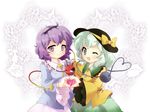  :d asyura7 blush bow eyeball floral_print green_eyes green_hair hairband hat hat_bow heart heart_hands heart_hands_duo heart_of_string komeiji_koishi komeiji_satori light_smile long_sleeves multiple_girls one_eye_closed open_mouth purple_eyes purple_hair short_hair siblings sisters smile third_eye touhou wide_sleeves 