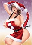  apron areola_slip areolae breasts brown_hair christmas copyright_request covered_nipples curvy gigantic_breasts gloves hat legs mature naked_apron nipples ponytail red_gloves santa_costume santa_hat solo tatsunami_youtoku thighs 