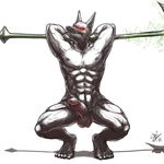  anthro anubian_jackal anubite balls big black black_fur buffed canine crouching deity egyptian erection flexing fur grin hard jackal league_of_legends male mammal muscles nasus nude penis polearm pose presenting red_eyes showing_off solo staff stiff yellowpower 