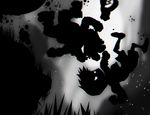  battle crossover falling glowing glowing_eyes grass greyscale hat hat_removed headwear_removed hermesgildo light_particles limbo_(game) mario mario_(series) monochrome multiple_boys nintendo shorts spikes super_mario_bros. tree upside-down 