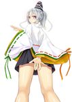  arm_up bespectacled covering covering_crotch glasses hat japanese_clothes kariginu long_sleeves looking_back mononobe_no_futo nabeshima_tetsuhiro ponytail purple_eyes shirt silver_hair skirt solo touhou upskirt 