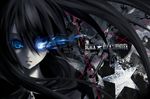  black_hair black_rock_shooter black_rock_shooter_(character) blue_eyes blue_fire burning_eye chain copyright_name fire glowing glowing_eye kooloreo long_hair solo twintails 