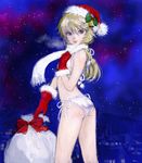  ass bad_id bad_pixiv_id bare_legs bell bikini blonde_hair blue_eyes christmas flat_chest gloves hat lips long_hair night original pon red_gloves sack santa_hat scarf side-tie_bikini smile solo swimsuit 