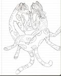  breasts couple digitigrade eyes_closed feline female floating hair hand_holding lined_paper long_hair male mammal monochrome nude sketch spots tail upsidedown-motchi upsidedown_motchi 