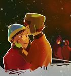  2boys 4boys beanie child earflap_hat eric_cartman gloves hat hat_pompom hood hoodie jacket kenny_mccormick kiss kyle_broflovski male male_focus multiple_boys snow south_park stan_marsh tongue tongue_out yaoi 