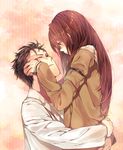  1girl black_hair blush brown_eyes brown_hair couple eye_contact face-to-face facial_hair hand_on_another's_cheek hand_on_another's_face hetero jacket labcoat long_hair long_sleeves looking_at_another makise_kurisu messy_hair okabe_rintarou one_eye_closed open_mouth short_hair steins;gate stubble sunege 