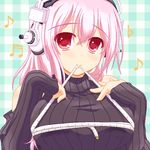  bare_shoulders breasts bust_measuring detached_sleeves halterneck headphones large_breasts listening_to_music marimo_(artist) measuring musical_note nitroplus pink_hair red_eyes solo super_sonico sweater_vest tape_measure 