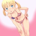  american_flag_bikini bikini blonde_hair blue_eyes blush body_blush collarbone flag_print hand_on_hip hand_on_own_knee leaning_forward looking_at_viewer meow_(nekodenki) navel open_mouth original short_hair simple_background solo swimsuit twintails 