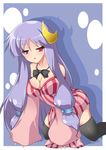  all_fours bare_shoulders black_legwear bow bowtie breasts cleavage crescent crescent_hair_ornament dress frown hair_ornament hair_ribbon hat hat_removed headwear_removed kotepo large_breasts long_hair patchouli_knowledge purple_hair red_eyes ribbon solo striped striped_dress thighhighs touhou very_long_hair 