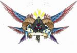  black black_body blue blue_eyes cloud horn not_furry plain_background pyramid red red_feathers unknown_artist what white_background wings 