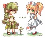  bag blonde_hair crab_man dryad dryad_(terraria) gloves green_eyes green_hair hat holding holding_bag holding_syringe multiple_girls navel nurse nurse_(terraria) nurse_cap pantyhose plant plant_girl pointy_ears ponytail red_eyes ribbon skirt syringe terraria translated white_background 